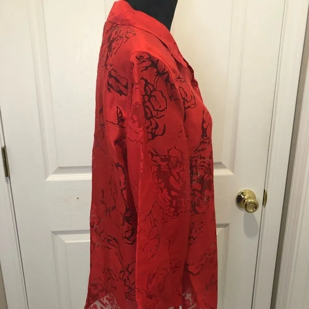 TanJay red button down blouse with sheer flowers - Picture 6 of 11